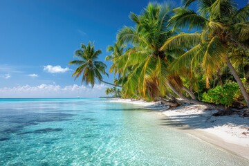 Tropical beach paradise idyllic palms, azure water, white sand, clear sky, vacation background