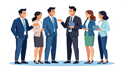 Diverse group of business professionals in suits collaborating and discussing ideas in a meeting