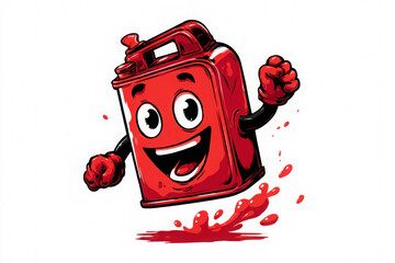 Animated red fuel can with spout arm and happy face, ideal for car-related content, signage, or character design. Copy space.