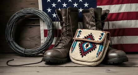 A patriotic tribute for National Navajo Code Talkers Day with symbolic artifacts.