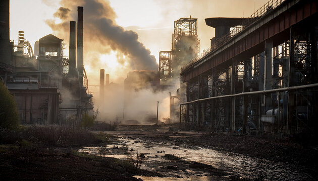 a gritty dystopian scene depicting an abandoned industrial complex shrouded in thick smoke and soot highlighting the environmental impact of unchecked industrialization
