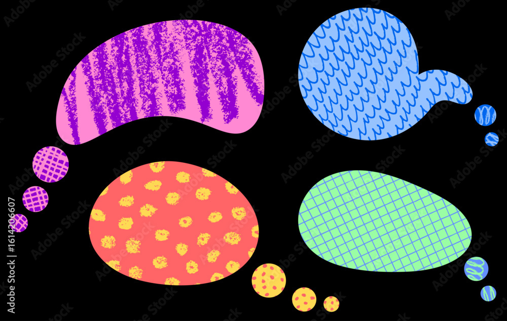 Poster set of four abstract thought bubbles with colorful textures and playful patterns on black. vector il