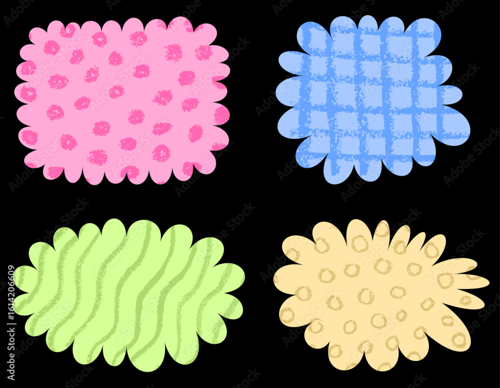 Poster set of four colorful abstract shapes with playful hand-drawn patterns and textures on a black backgr