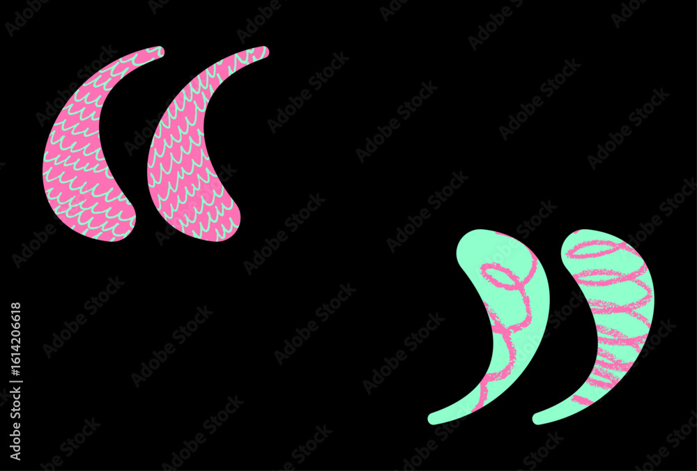 Poster whimsical quotation marks in pink and mint green with textured patterns on black. vector illustratio