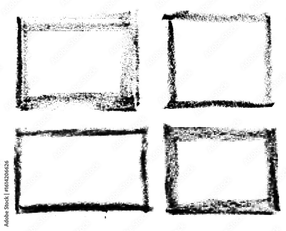 Poster set of grunge rectangular frames with rough halftone ink texture and vintage worn effect. vector ill