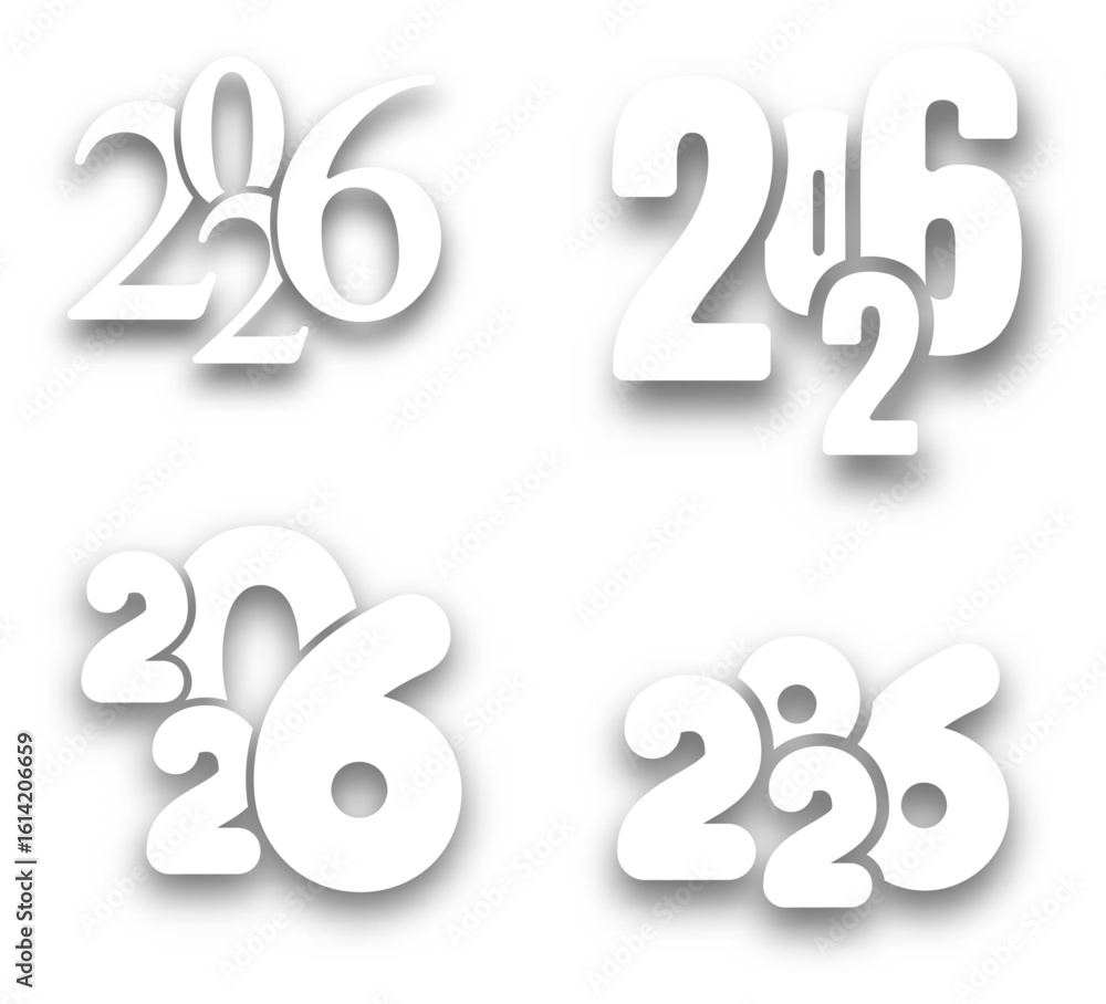 Poster four unique white 2026 number styles with subtle shadows and overlapping elements on white.