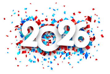White 2026 text with red and blue confetti burst. Vector illustration for holiday, celebration, and party designs.