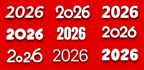 Nine white 2026 number designs in different fonts and shadow styles on red backgrounds.