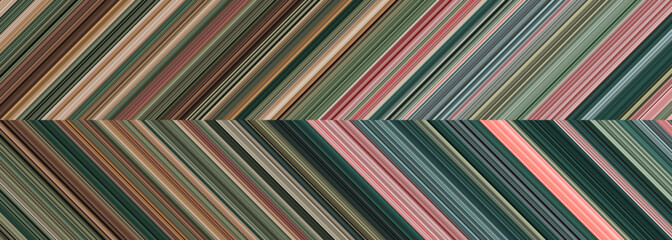 Detailed striped dual geometric pattern composed of big amount of thin green, pink and brown stripes. Vector textured illustration