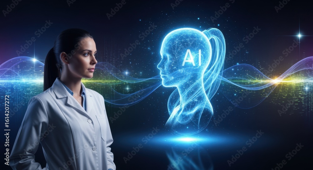 Poster digital representation of woman researcher and ai entity in seamless loop background
