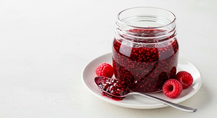 A glass jar filled with homemade raspberry jam on a plate with fresh raspberries and a spoon on white surface