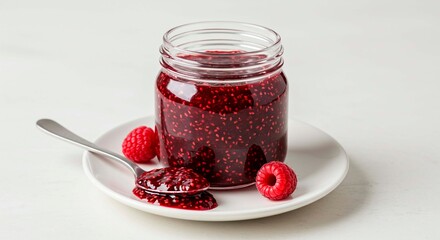 A glass jar of raspberry jam with a spoon and raspberries on a white plate against a white background
