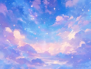 Serene Starry Sky Mobile Wallpaper with Pastel Clouds in Blue, Purple and Pink, Ethereal Stardust Background