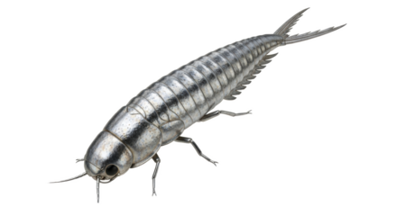 Isolated close up of a silverfish insect with segmented body and antennae on a black background