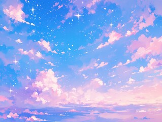 Serene Starry Sky Mobile Wallpaper with Pastel Clouds in Blue, Purple and Pink, Ethereal Stardust Background