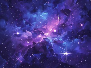 Galaxy Watercolor Vector Background in Purple, Blue and Pink with Stars for Print-on-Demand Digital Use