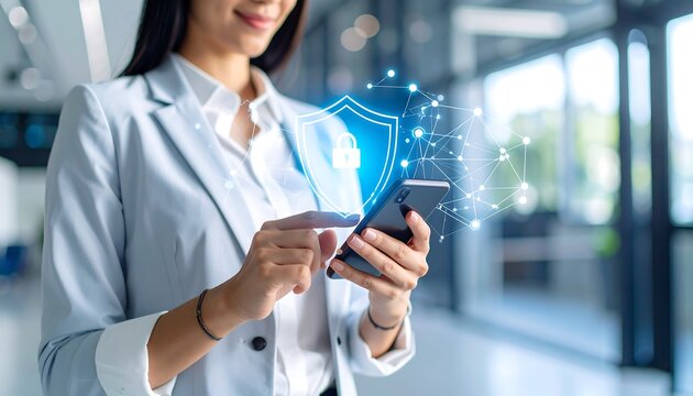 Woman using smartphone with glowing digital shield and network connections symbolizing cybersecurity and data protection