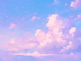 Serene Starry Sky Mobile Wallpaper with Pastel Clouds in Blue, Purple and Pink, Ethereal Stardust Background