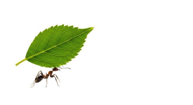 Ant carrying a big green leaf on a black background symbolizing hard work and determination in nature