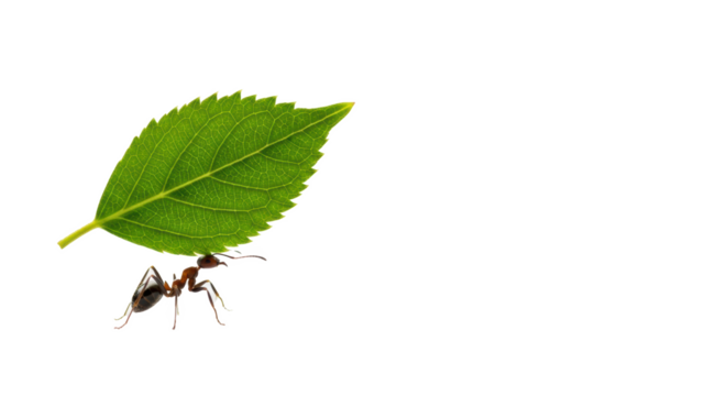 Ant carrying a big green leaf on a black background symbolizing hard work and determination in nature
