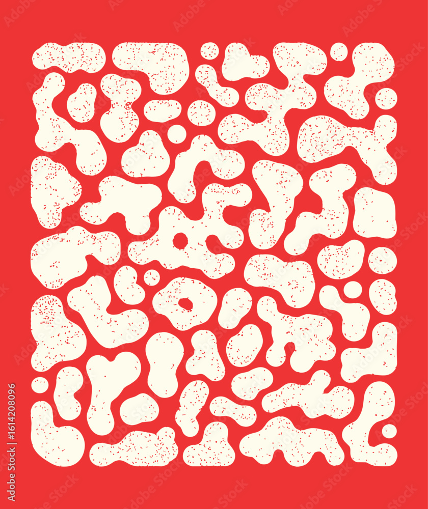 Poster abstract organic shapes pattern, ivory irregular blobs on red background, distressed texture, vector