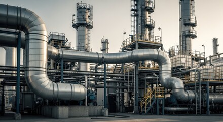 Industrial landscape focused on heavy machinery metal ducts and chemical storage units.