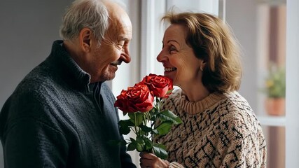 Senior couple exchanging red roses, romantic moment near window