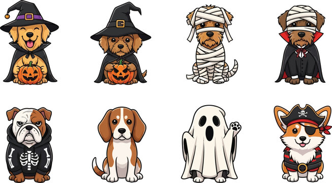 Halloween dogs cartoon character collection. Includes golden retriever witch, poodle wizard, terrier mummy, doberman vampire, bulldog skeleton, beagle, ghost
