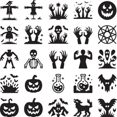 Fototapeta premium Halloween icons scary creatures pumpkins bats and spooky elements vector
