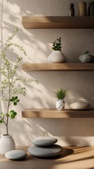 Wooden shelves with plants and stones for home decor and interior design ideas