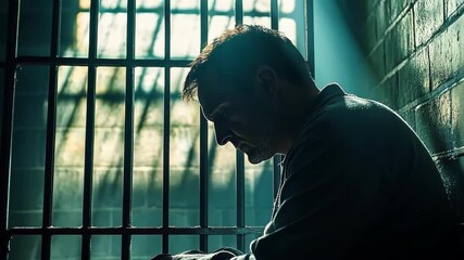 Despondent prisoner sits alone in a jail cell, dramatic lighting. - Powered by Adobe