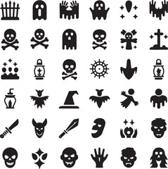 Halloween themed icons featuring ghosts skulls bats and more crossbones