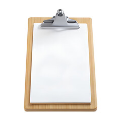 A wooden clipboard holds a blank white sheet of paper with a silver clip isolated on transparent background