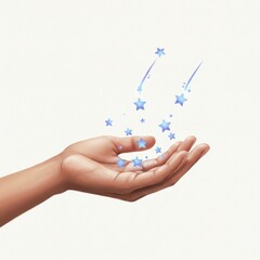 Hand Receiving Blue Sparkling Stars, Whimsical Fantasy Illustration