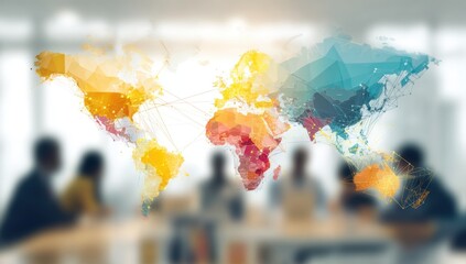 A global map with connecting lines between different countries, indicating the reach of digital marketing in various regions and nationalities, set against an office background Generative AI