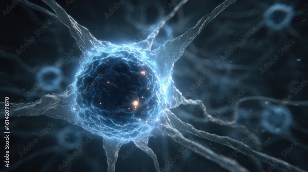 Poster 3d render of brain cells filling with fluid glowing intensely in blue depicting severe swelling and 