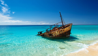 Obraz premium shipwreck partially submerged in clear turquoise water along a sandy beach during daylight