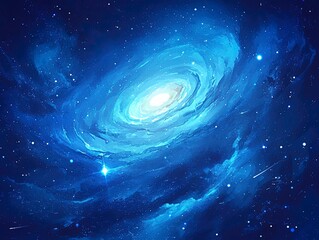 Fantasy Cosmic Vortex with Nebula Glow and Starlight Particles, Dark-to-Light Blue Gradient Space Background