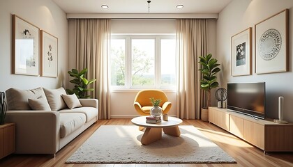 Bright Living Room with Beige Sofa, Yellow Chair, and Natural Light
