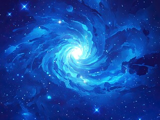 Fantasy Cosmic Vortex with Nebula Glow and Starlight Particles, Dark-to-Light Blue Gradient Space Background