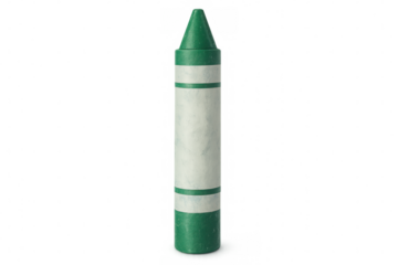 Green wax crayon standing upright on a transparent background, ready for drawing and coloring activities