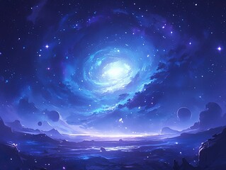 Fantasy Cosmic Vortex with Nebula Glow and Starlight Particles, Dark-to-Light Blue Gradient Space Background