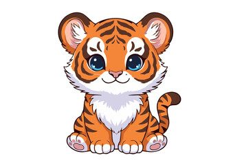 Adorable Cartoon Tiger Cub with Orange Fur and Strips Sitting.
