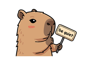 Cartoon Capybara Holding Be Quiet Sign with Finger on Lips.