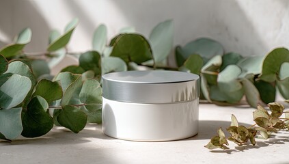 White cosmetic jar surrounded by eucalyptus leaves in sunlight