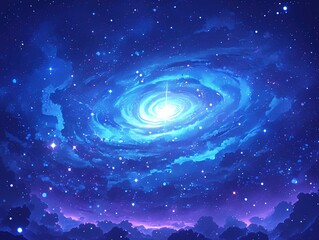 Fantasy Cosmic Vortex with Nebula Glow and Starlight Particles, Dark-to-Light Blue Gradient Space Background