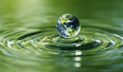 Earth globe on water droplet, green background, environmental conservation concept