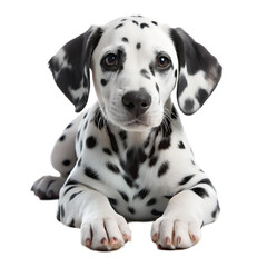 A cute dalmatian puppy with black spots lies down, looking forward, isolated on a transparent background