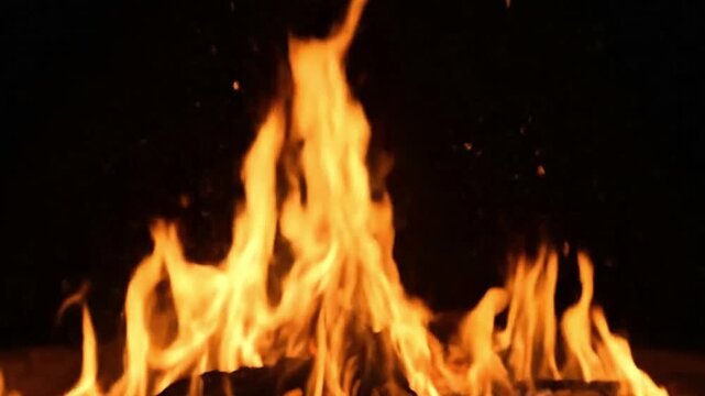 Flames dance upwards from burning logs against a dark unlit background