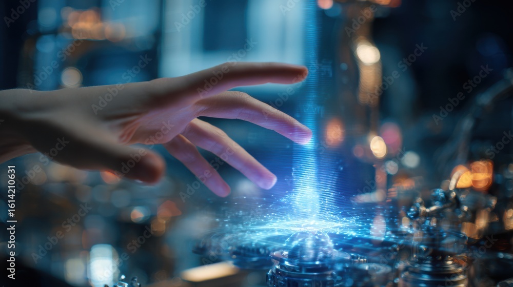 Poster focused medium shot capturing a palm activating a transparent holographic display with soft bokeh ef
